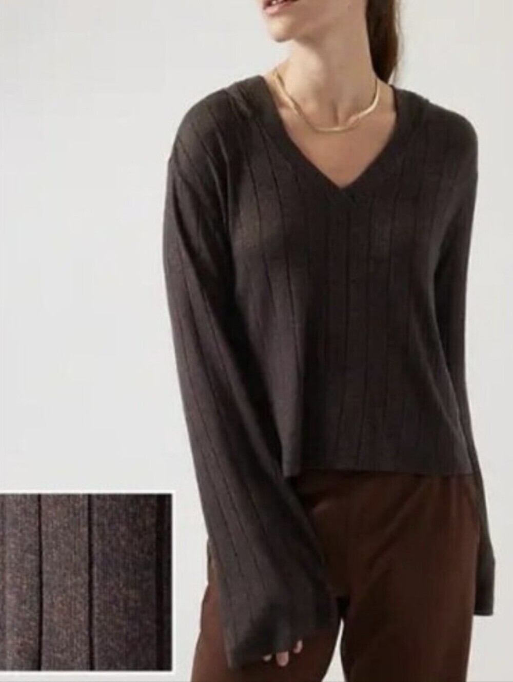 Athleta Brown Ribbed V-Neck Hoodie Top-harmony Pose-Size-S